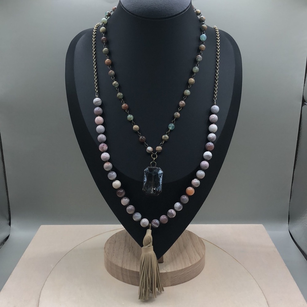 Curated bundle 2 stone/gemstone boho statement style necklaces.